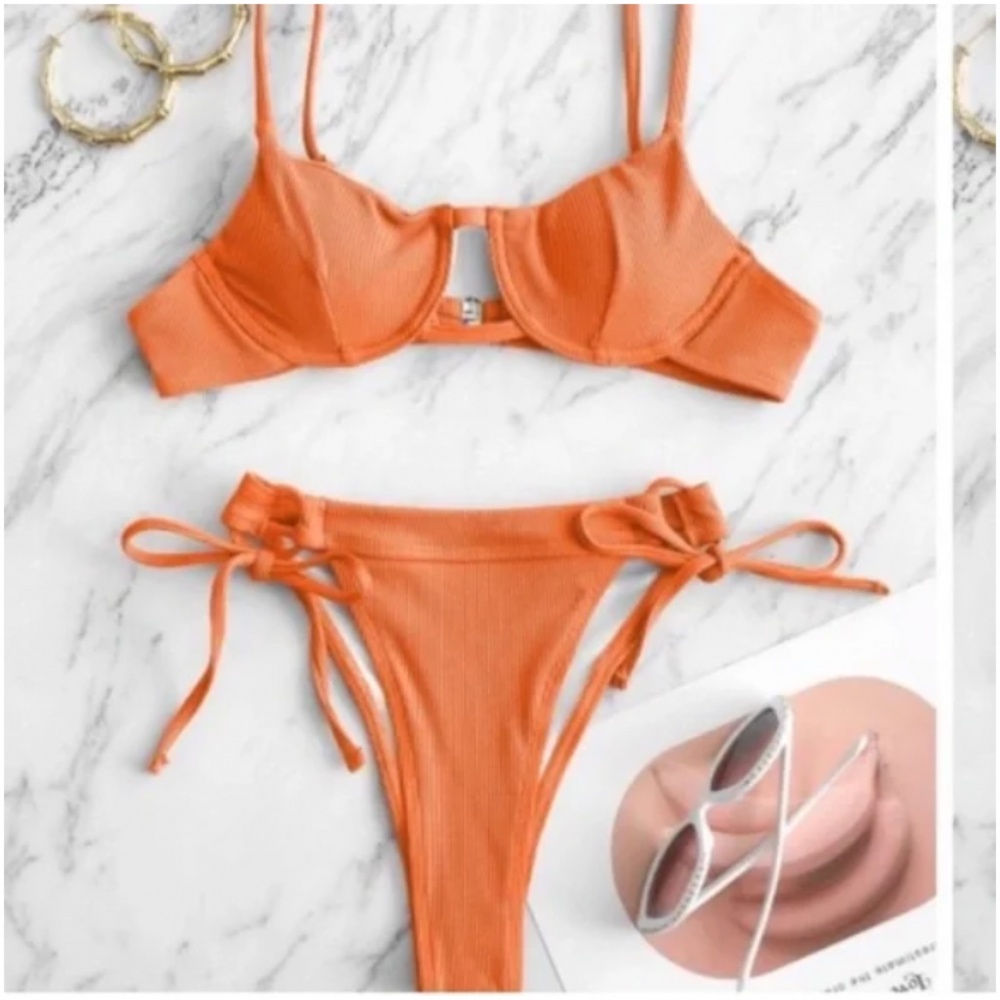 🪞 NWT SET swim underwire push up ribbed bikini high cut tie up set